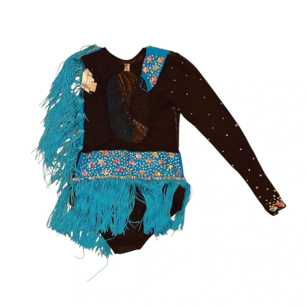Glamour | Bold Blue and Black Asymmetrical Leotard Dance Costume with Fringe LC